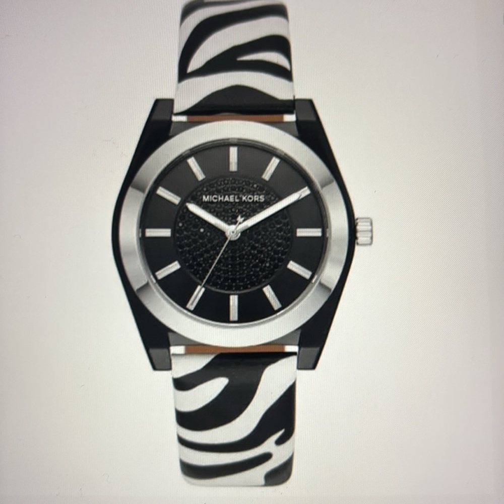 Michael Kors Channing Three Hand Zebra Print Leather Buckle Strap Closure Watch - Picture 2 of 16